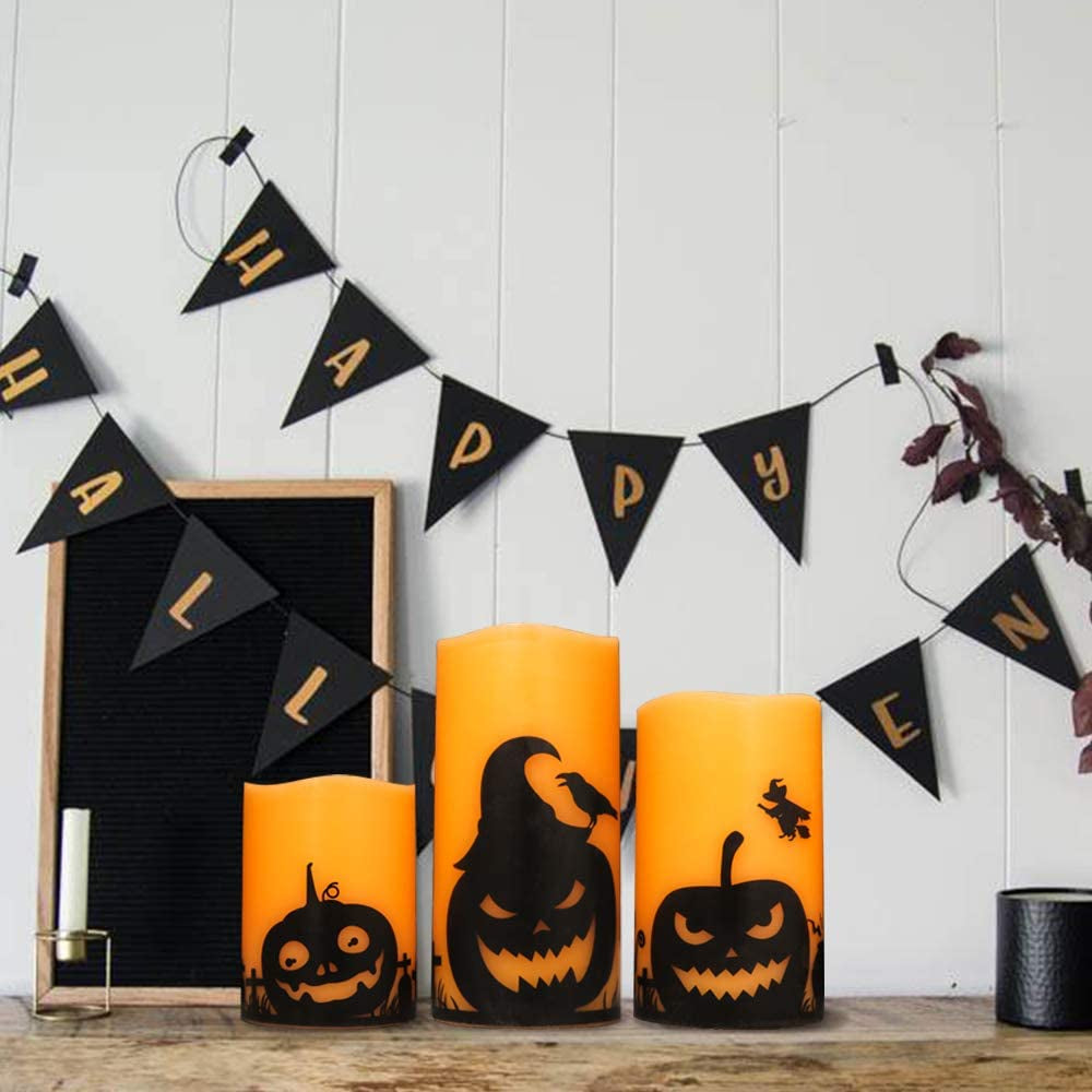 Halloween Flameless Candles, LED Flickering Battery Pillar Candles with 6H Timer and Pumpkin Decals, Spooky Fall Halloween Festival Party Decoration Set of 3 (D 3β X H 4β 5β 6β)